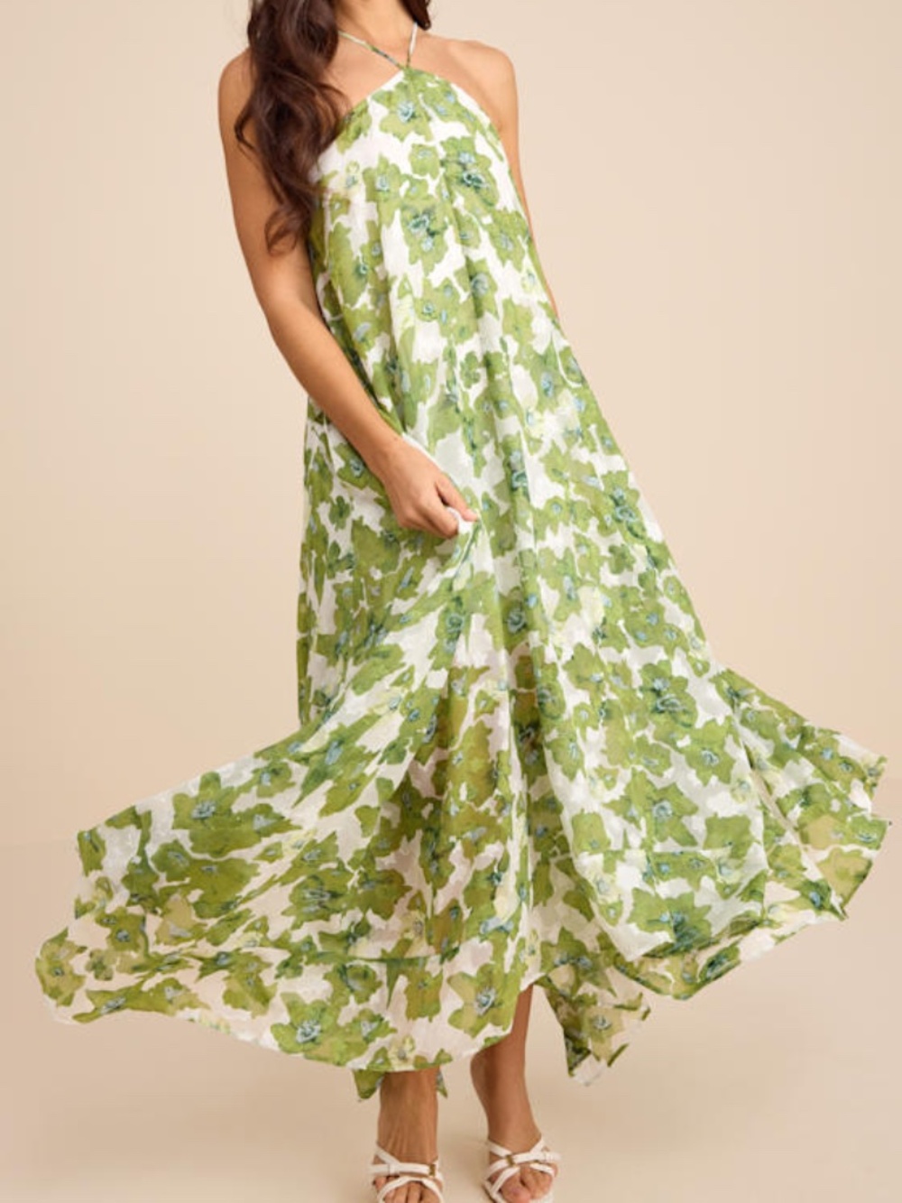 Lulu's Green and White Floral Halter Maxi Dress